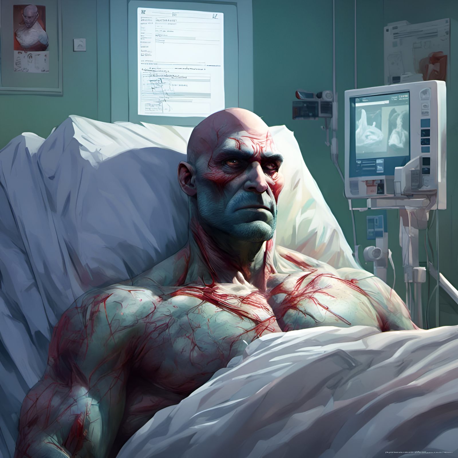 Sad Drax in Hospital Bed, Digital Illustration