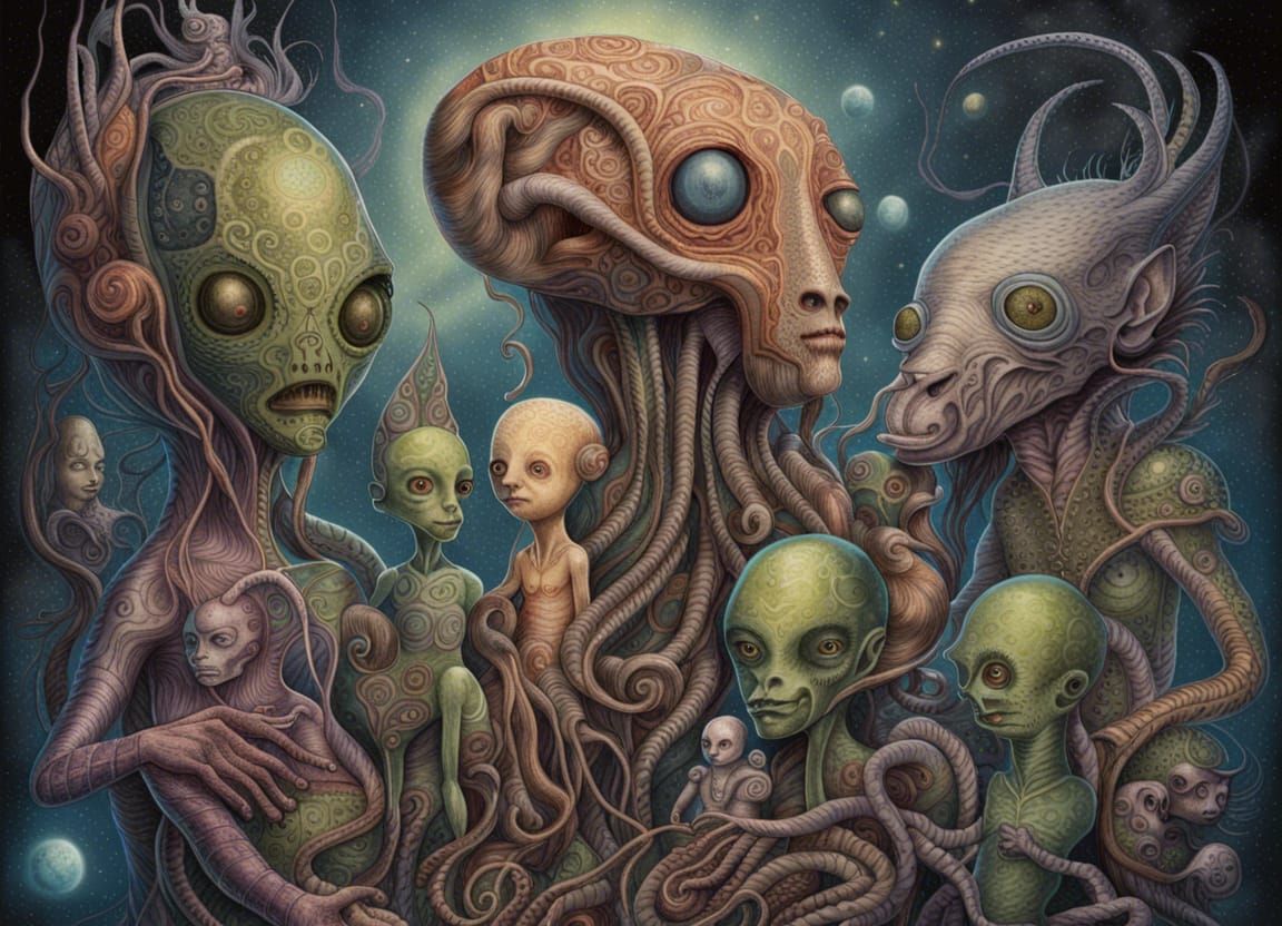 Alien Family in Space: Surrealist Illustration