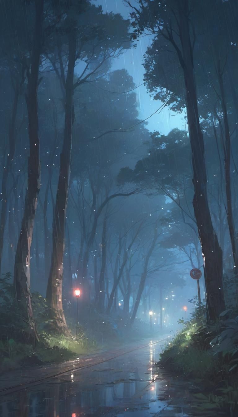 Enchanted Forest Path at Night: Anime-Style Painting