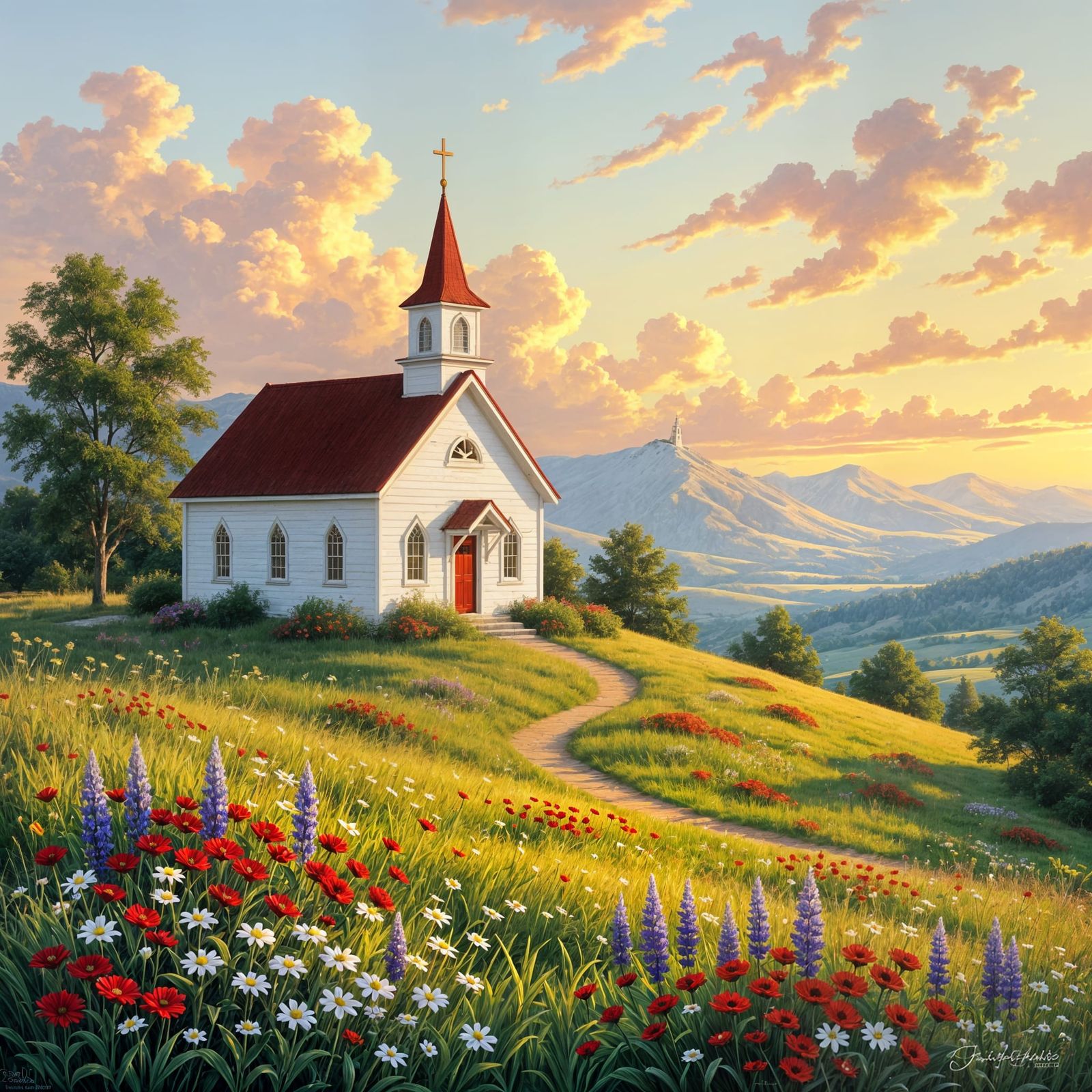 White Chapel on Hillside: Simple AI Art