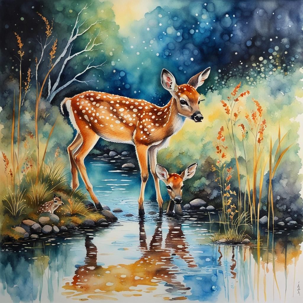 Fawn Drinking at Dawn in Watercolor Style