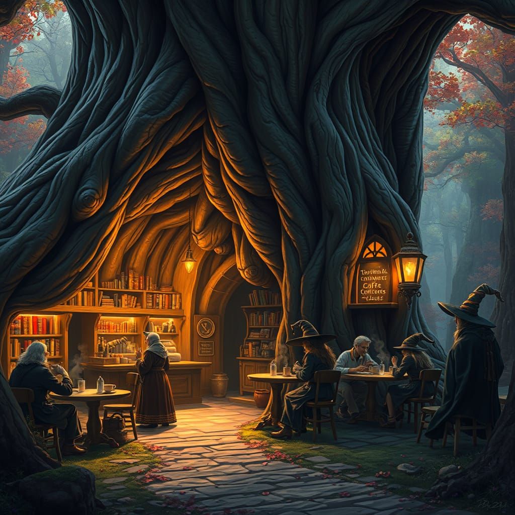 Enchanting Treehouse Coffeehouse and Bookstore Fantasy Art