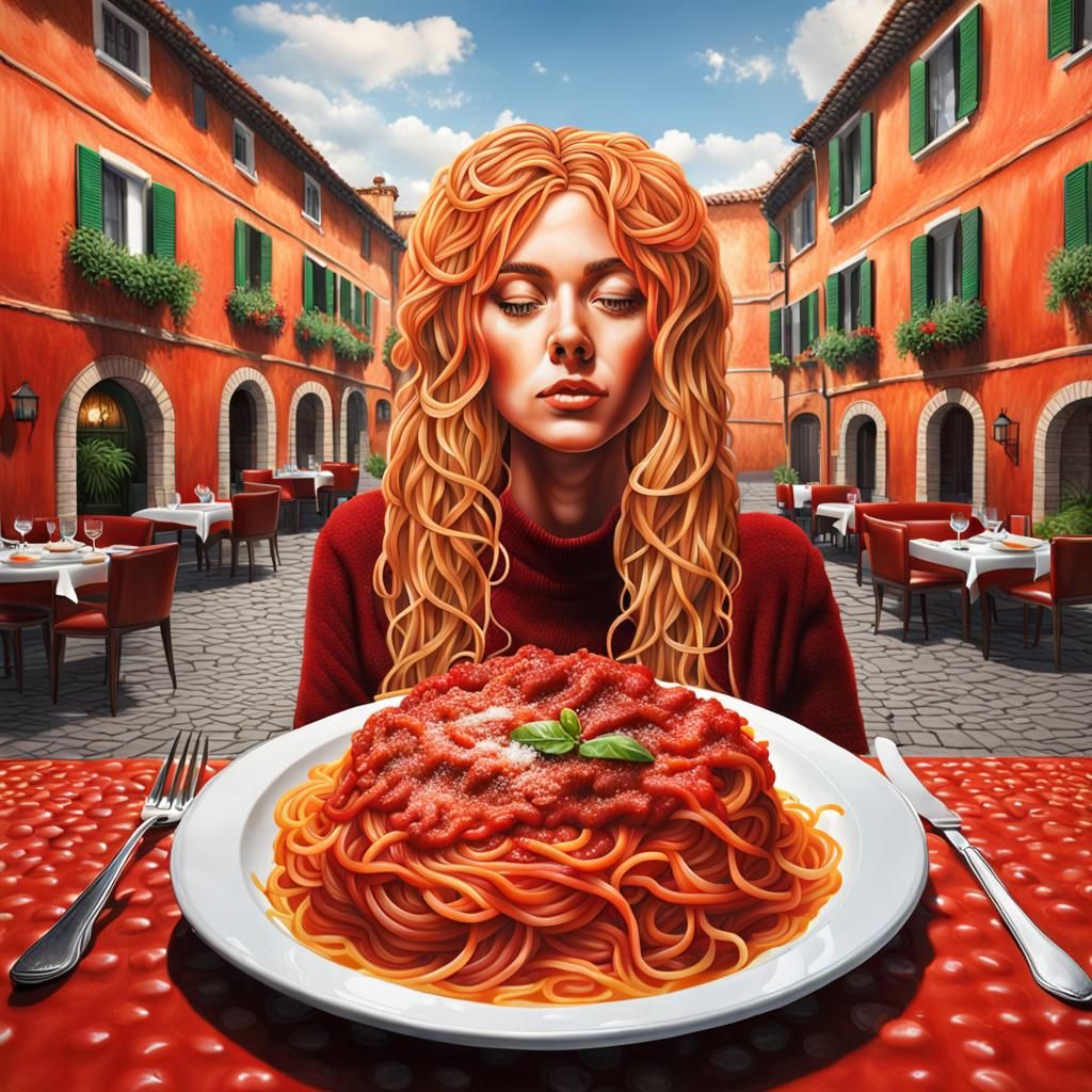 Spaghetti Bolognese Woman in Surreal Restaurant