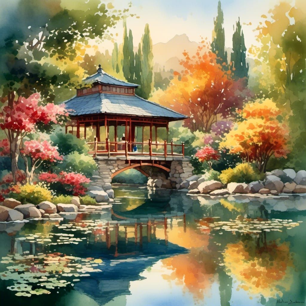 Japanese Teahouse Garden in Watercolor Style