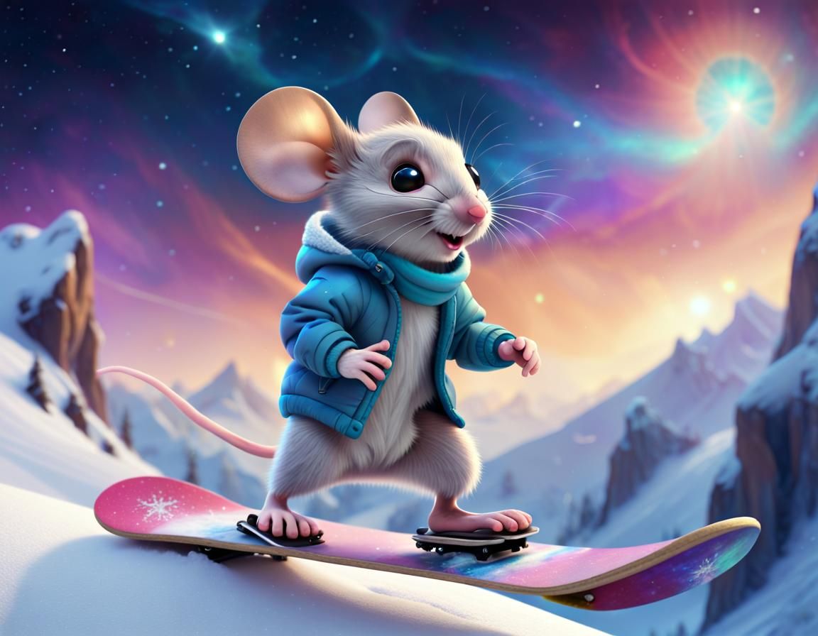 A mouse on a snowboard.