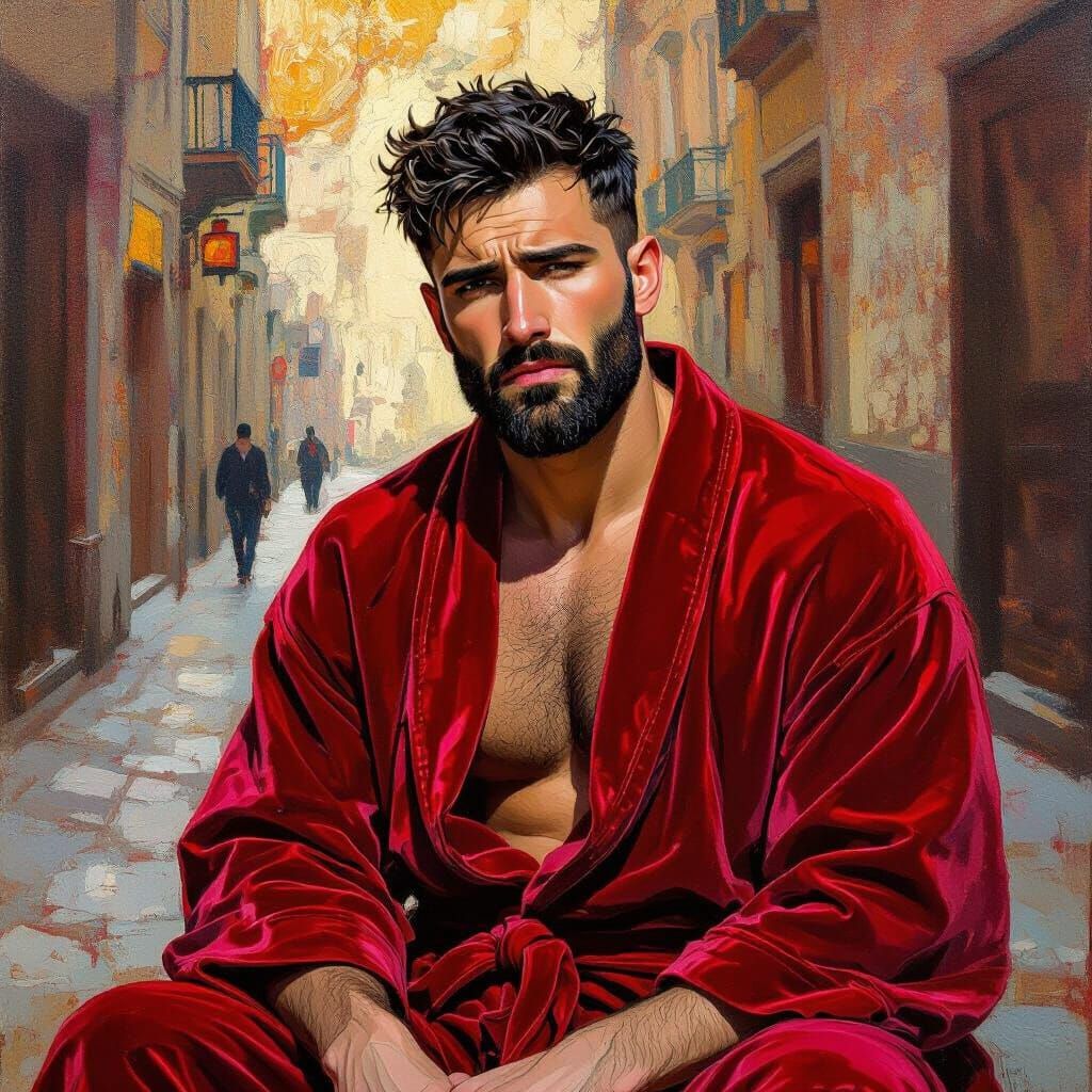 Sad Man in Red Robe: Impressionist Portrait
