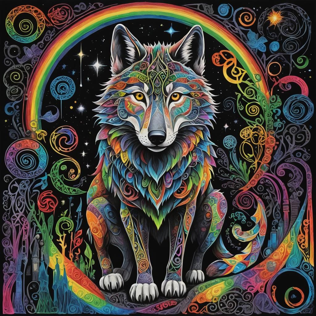 Crayon drawings ,surreal  friendly celtic knotwork  wolf sil...