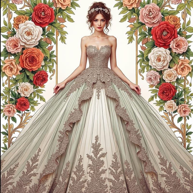 Ethereal Woman in Mint Green Art Nouveau Gown