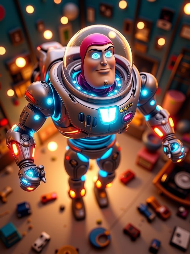Futuristic Buzz Lightyear in Neon-Lit Toy Room