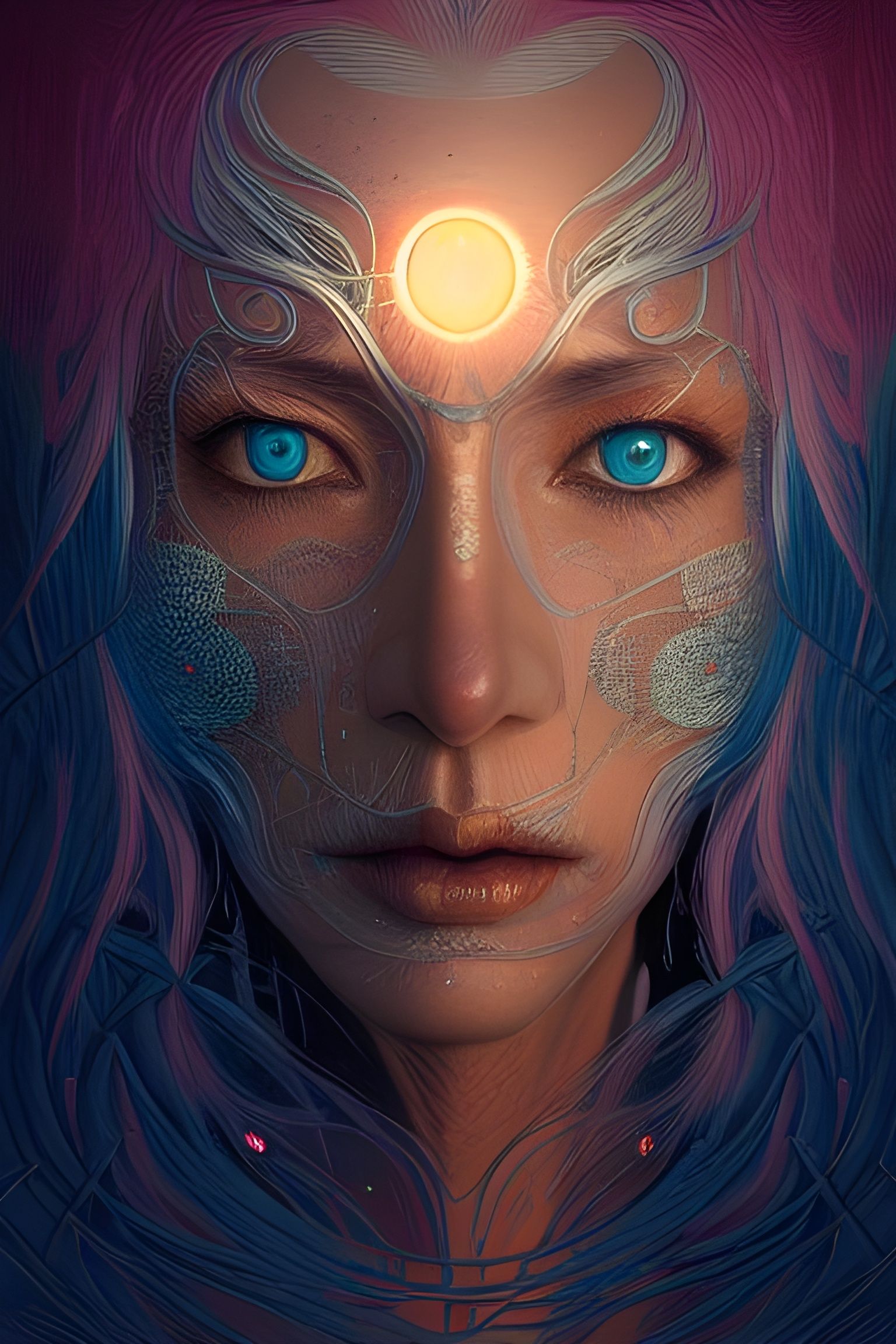Silver Haired Woman with Glowing Eyes Portrait