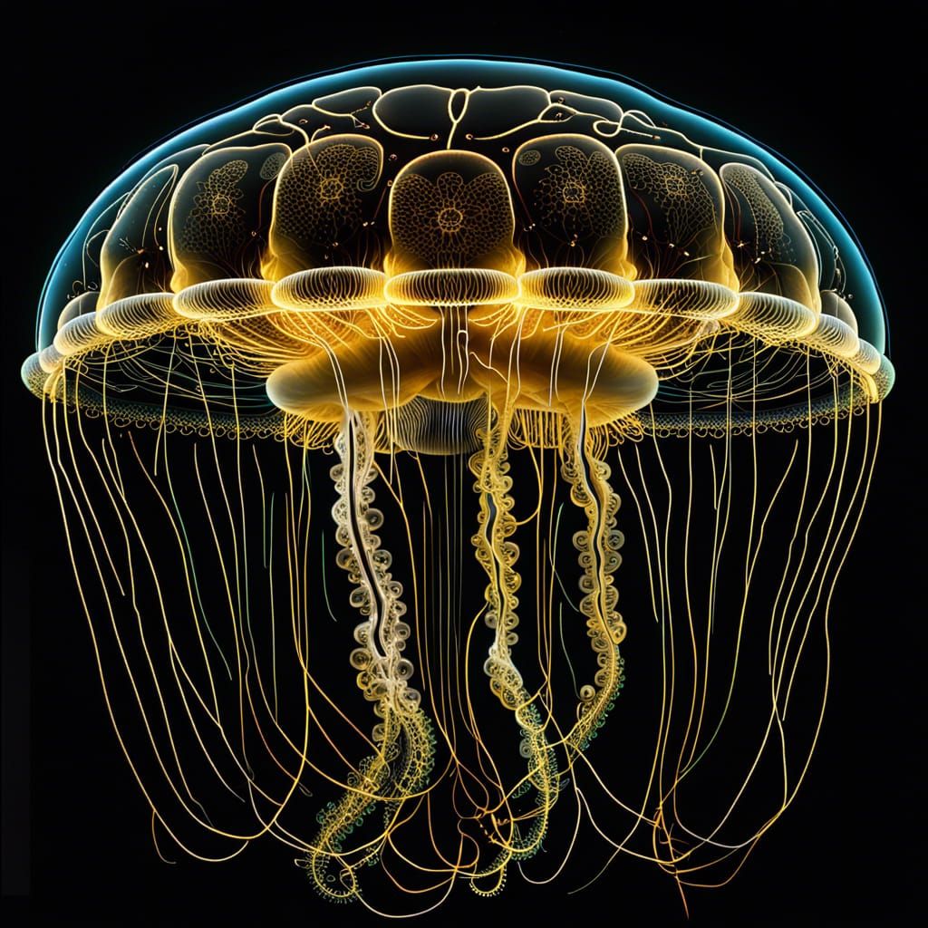 Bioluminescent Brain Jellyfish in a Deep Sea
