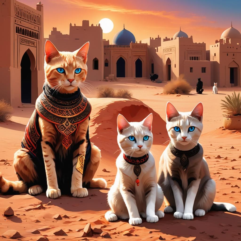 Surreal Desert Scene with Humanoid Cats
