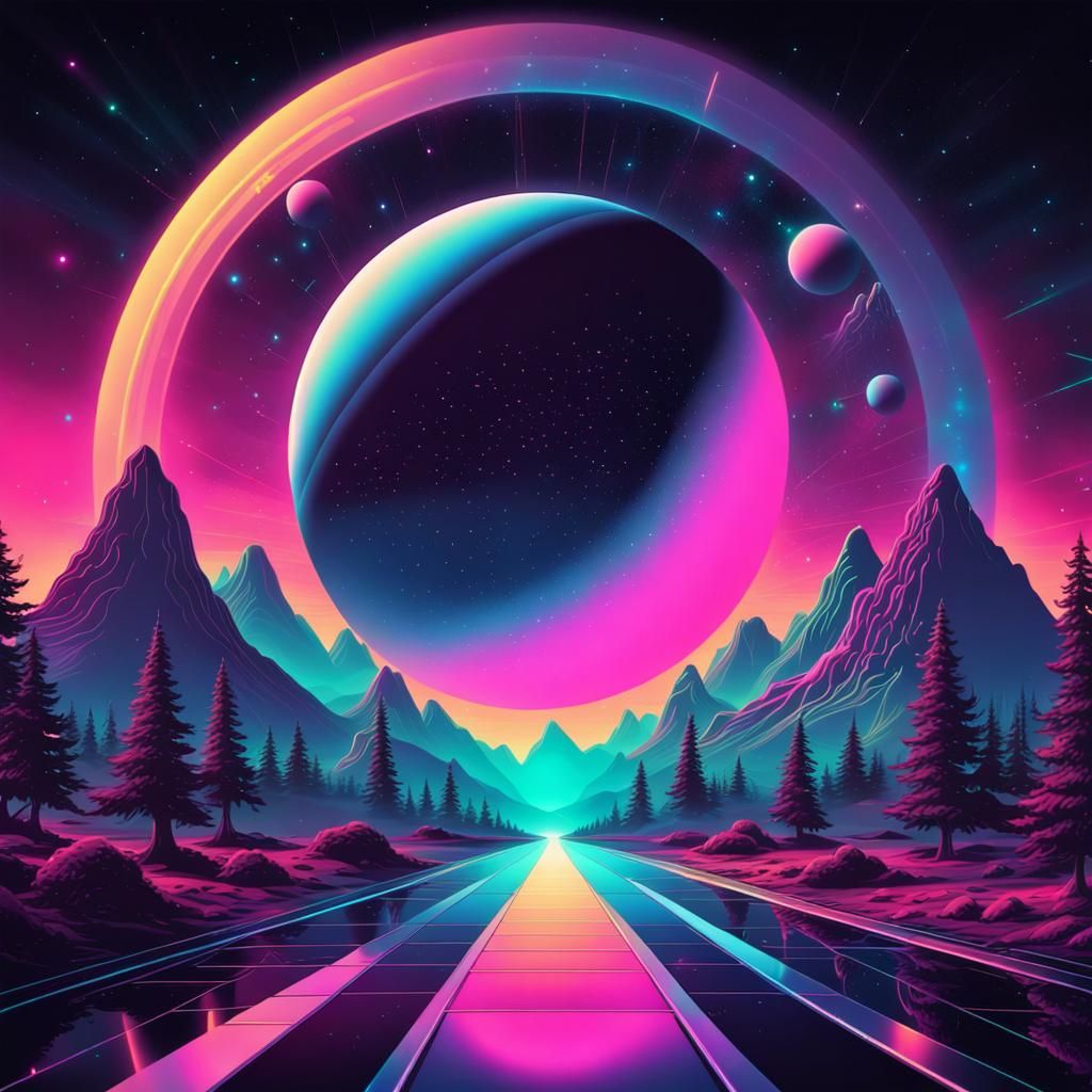 Holographic Universe Art in 70s Synthwave Style
