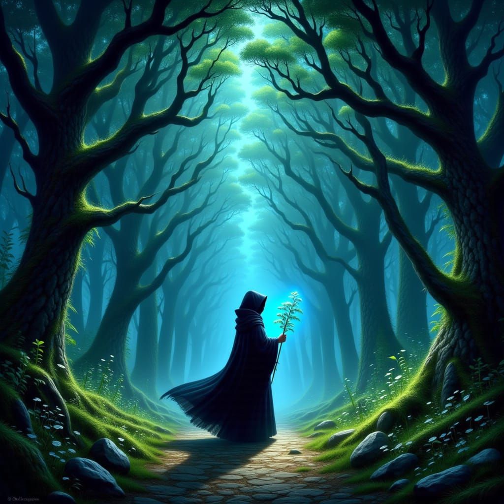 Lone Figure in Enchanted Forest Crossroads Oil Painting