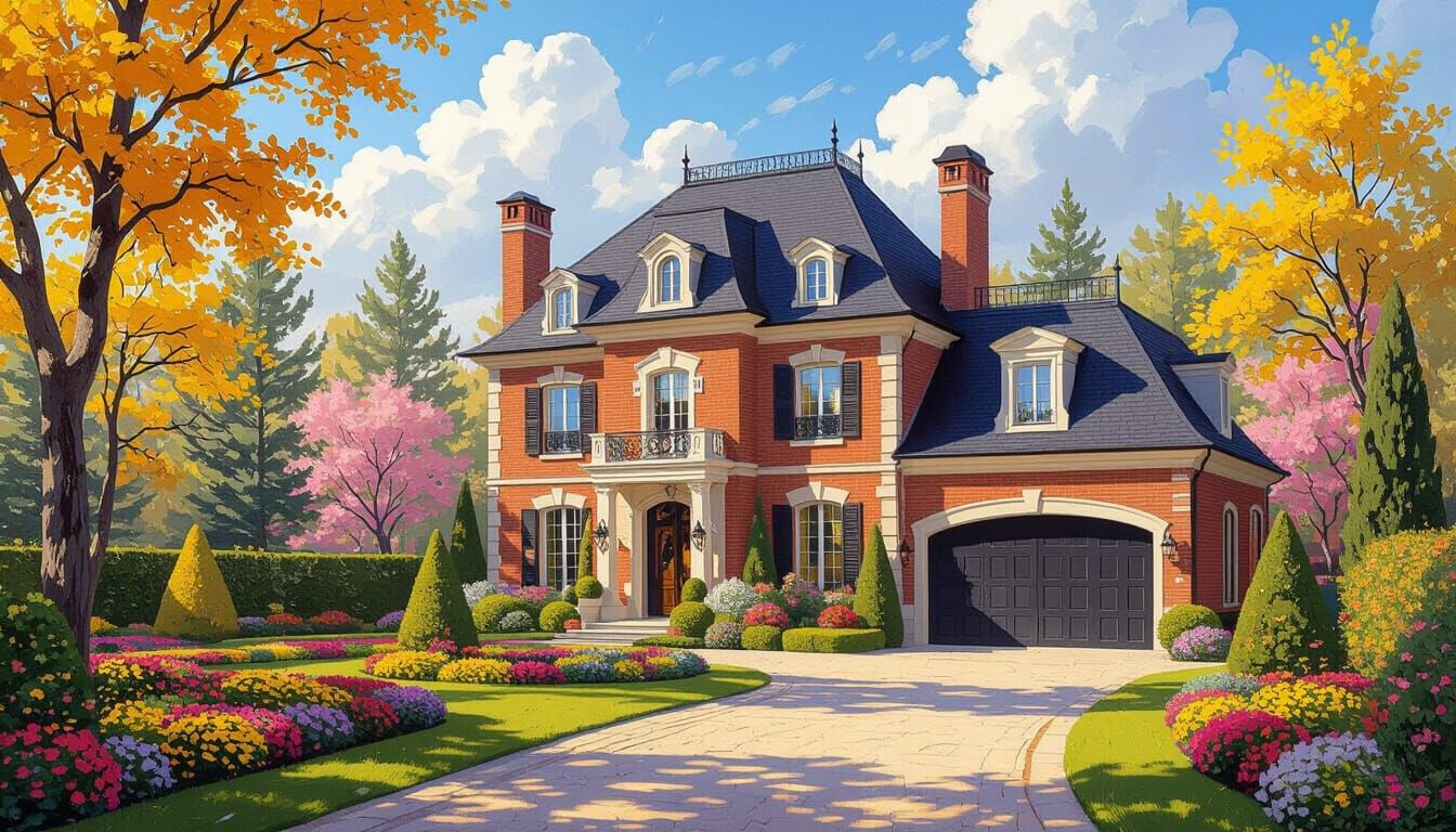 Grand Brick Chateau Amidst Vibrant Garden and Sky