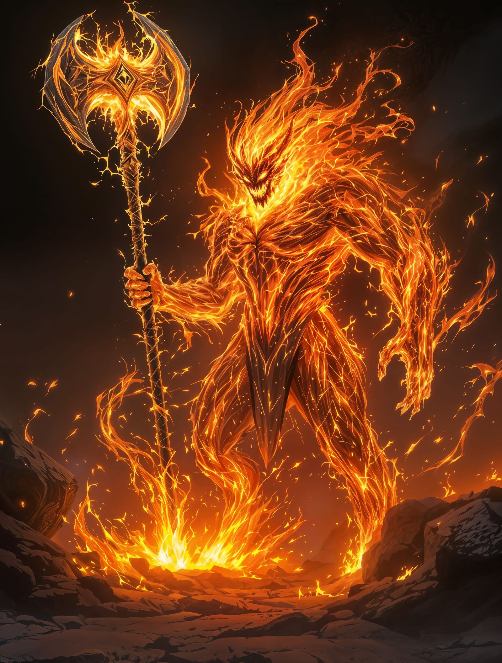 Hyperrealistic Fire Creature Brandishing Sulfuras