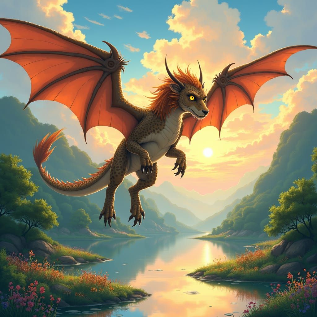 Dragon-Lion Hybrid Soaring Over Forest, Anime Style