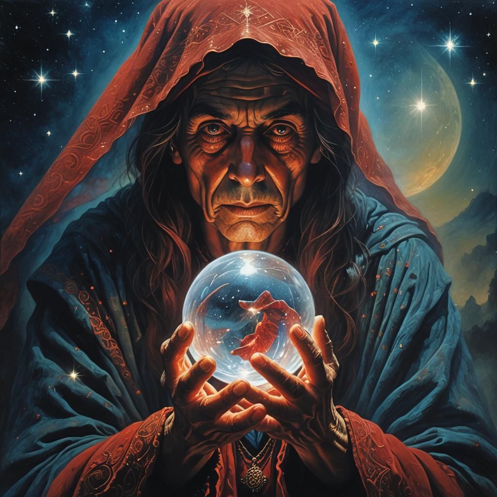 Mystical Fortune Teller Gazing into Crystal Ball