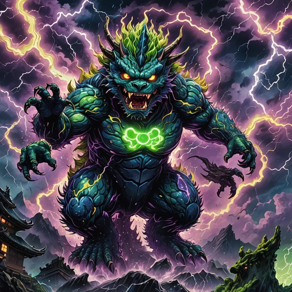 Cosmic Kaiju Summons Lightning in Astral Illustration