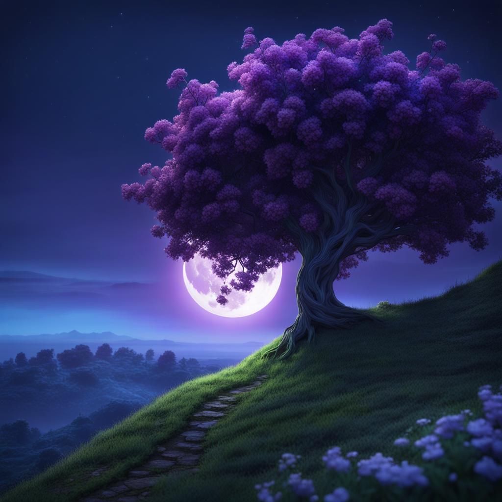 Glowing Purple Flower Under Moonlight, Fantasy Art