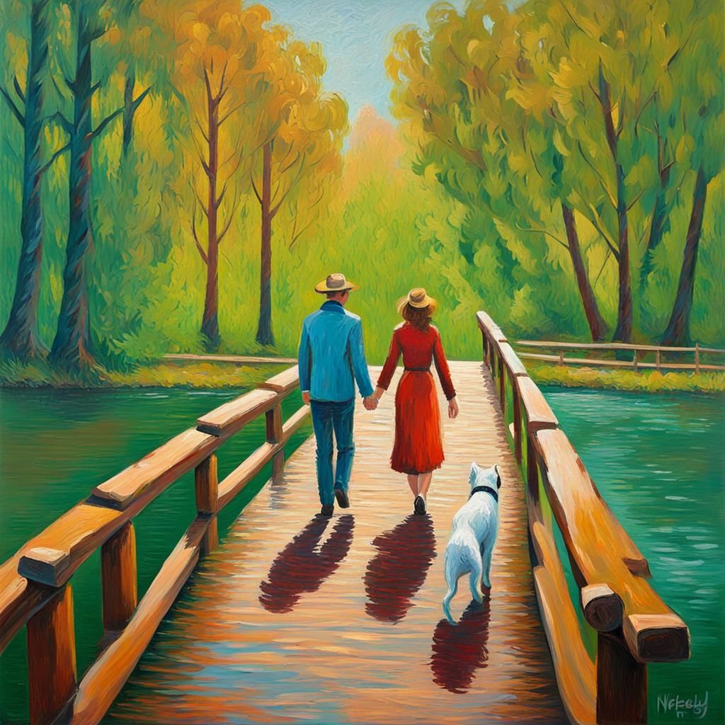 Impressionist River Scene: Couple and Dog on Bridge
