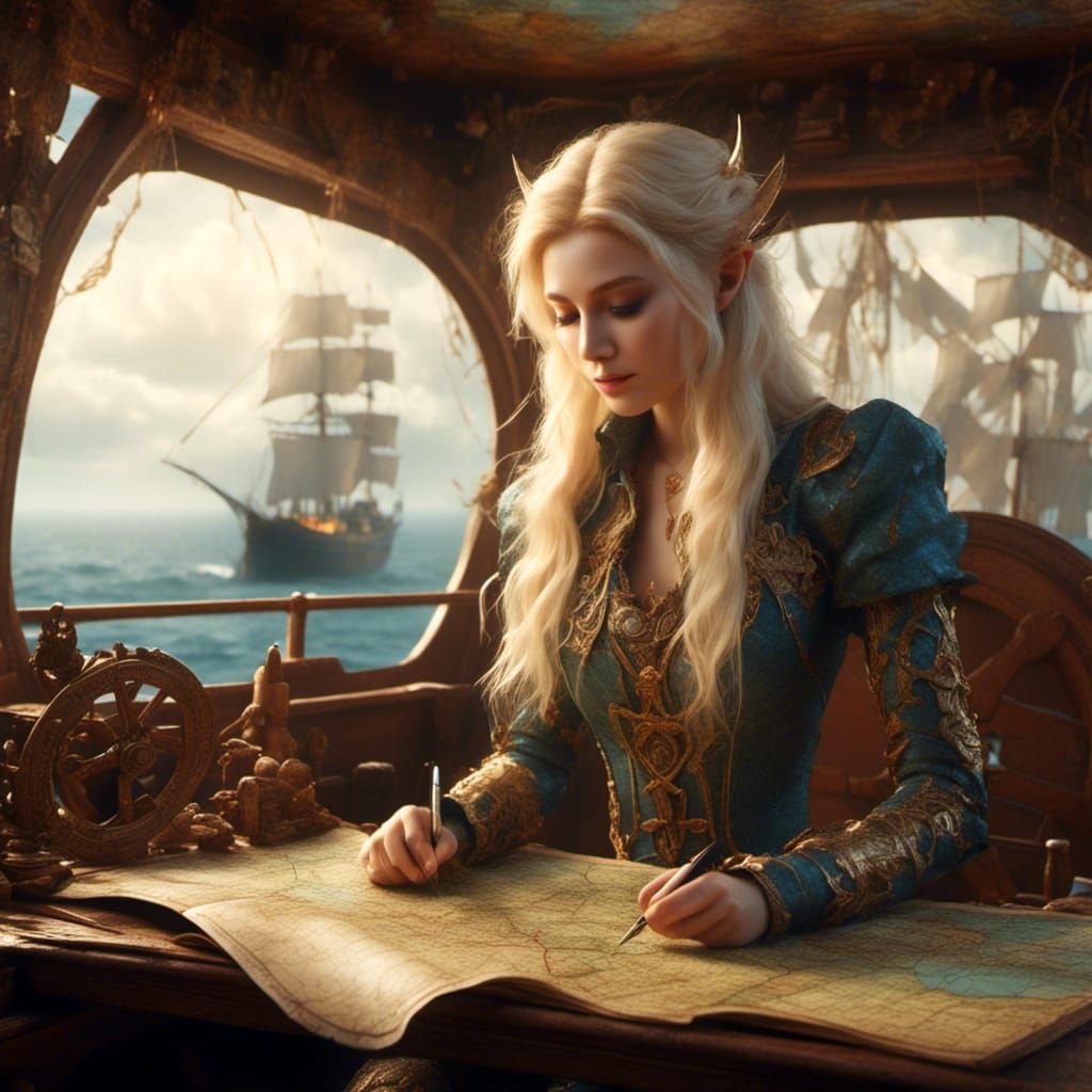 Elven Cartographer Studies Map on Ship