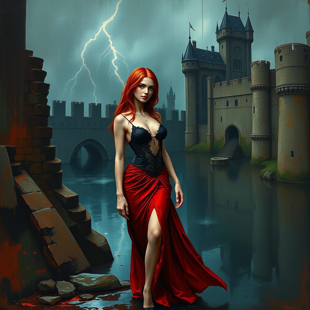 Redhead Vampiress at Castle Moat as Impasto Painting