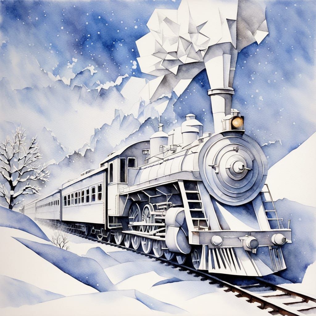 Origami Steam Train in Snowscape Watercolor