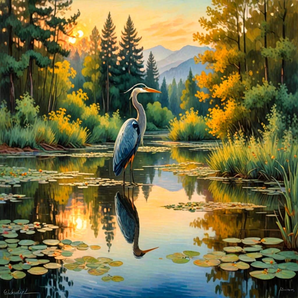 Heron at Dusk in a Neo-Impressionist Landscape