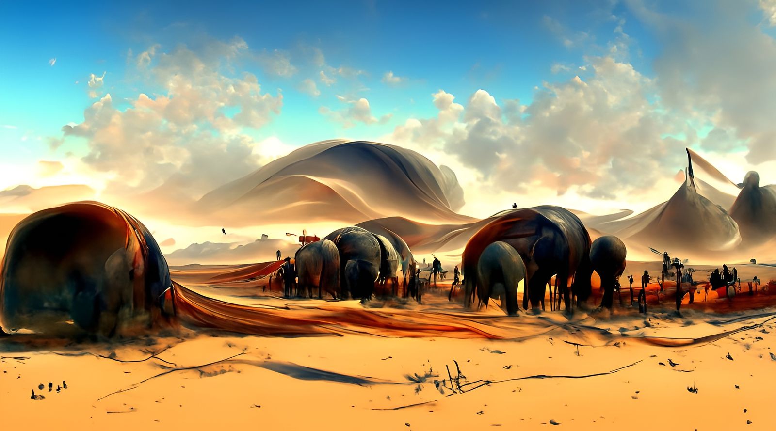 Dune Desert Vista with War Elephants Caravan