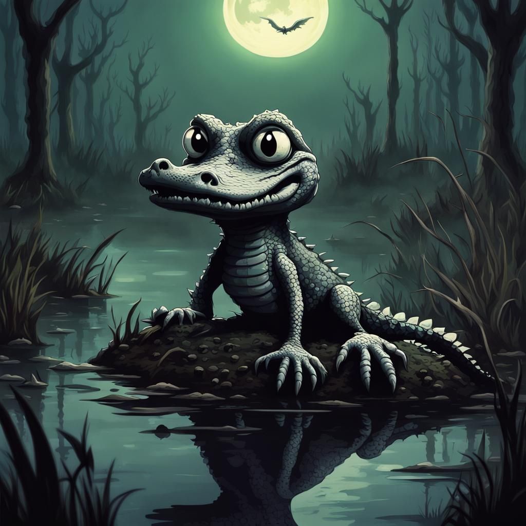 Cute Alligator in Tim Burton Style Swamp