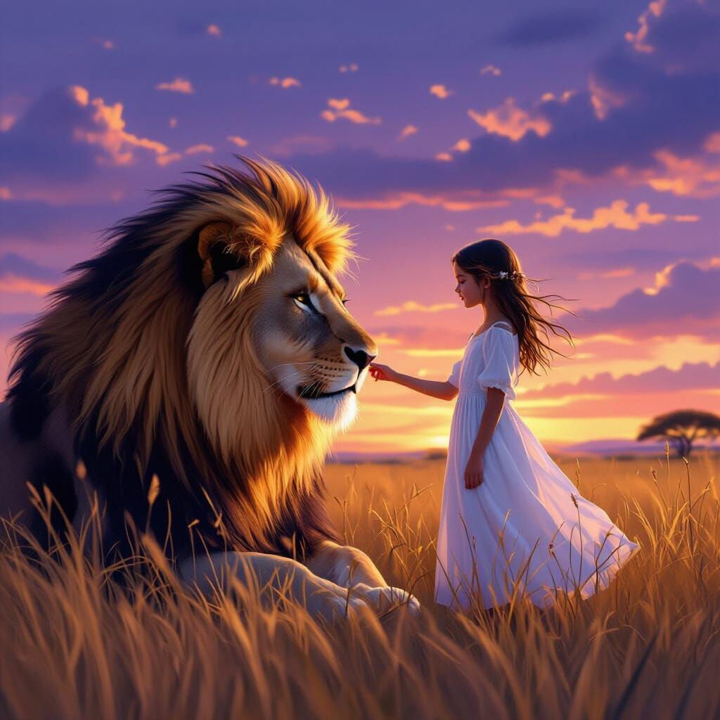 Lion and Girl in Savanna Twilight: Dreamy Digital Art