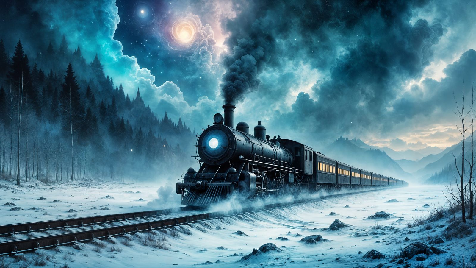 Antique Steam Train in Cosmic Vortex