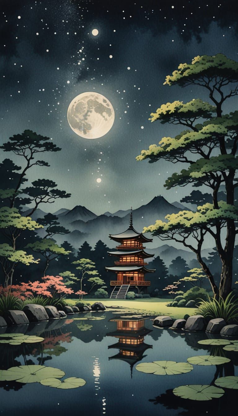 Moonlit Frog in Japanese Garden: Ukiyo-e Style