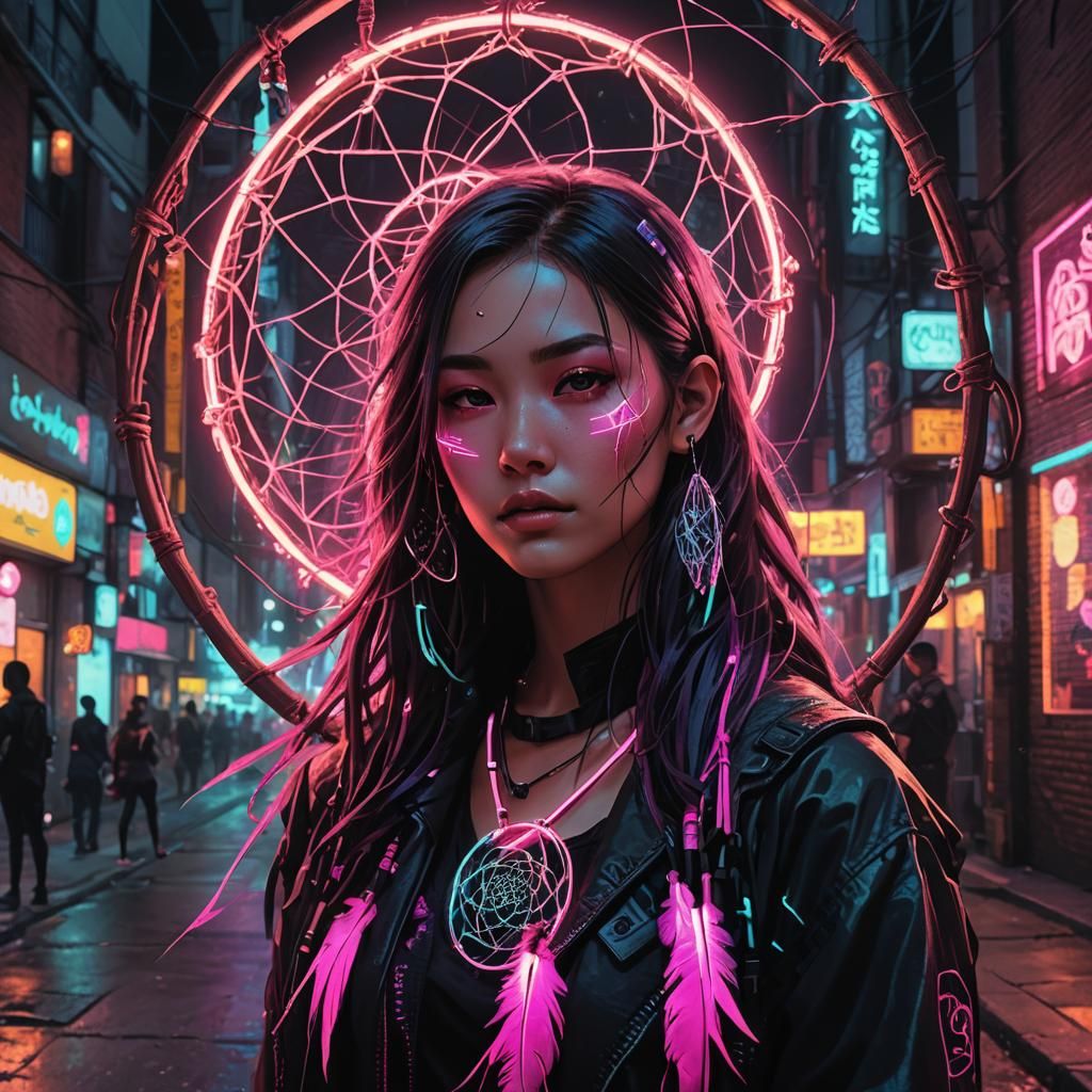 Cyberpunk Girl with Glowing Dreamcatcher in Neon City