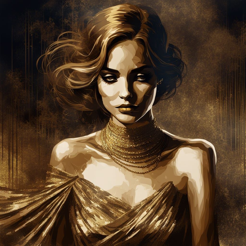 Regal Woman in Flowing Golden Dress, Art Deco Style