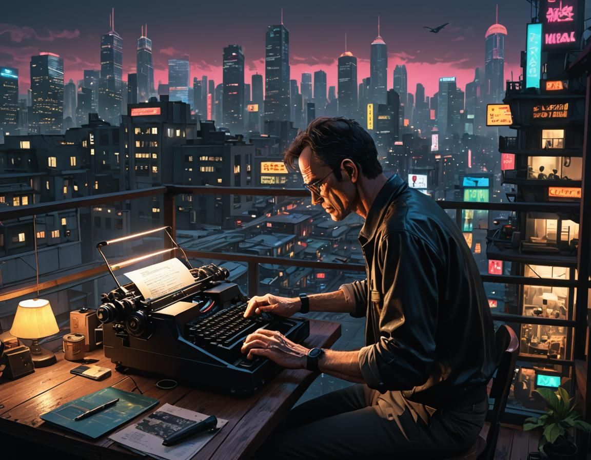 William Gibson Writing Cyberpunk Novel in Futuristic City