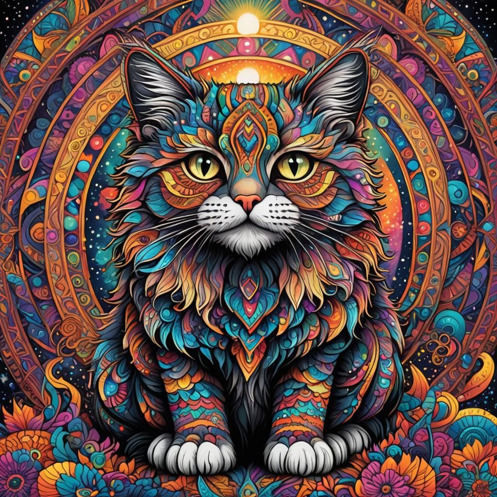Psychedelic Mandala: Cosmic Cat in Geometric Design