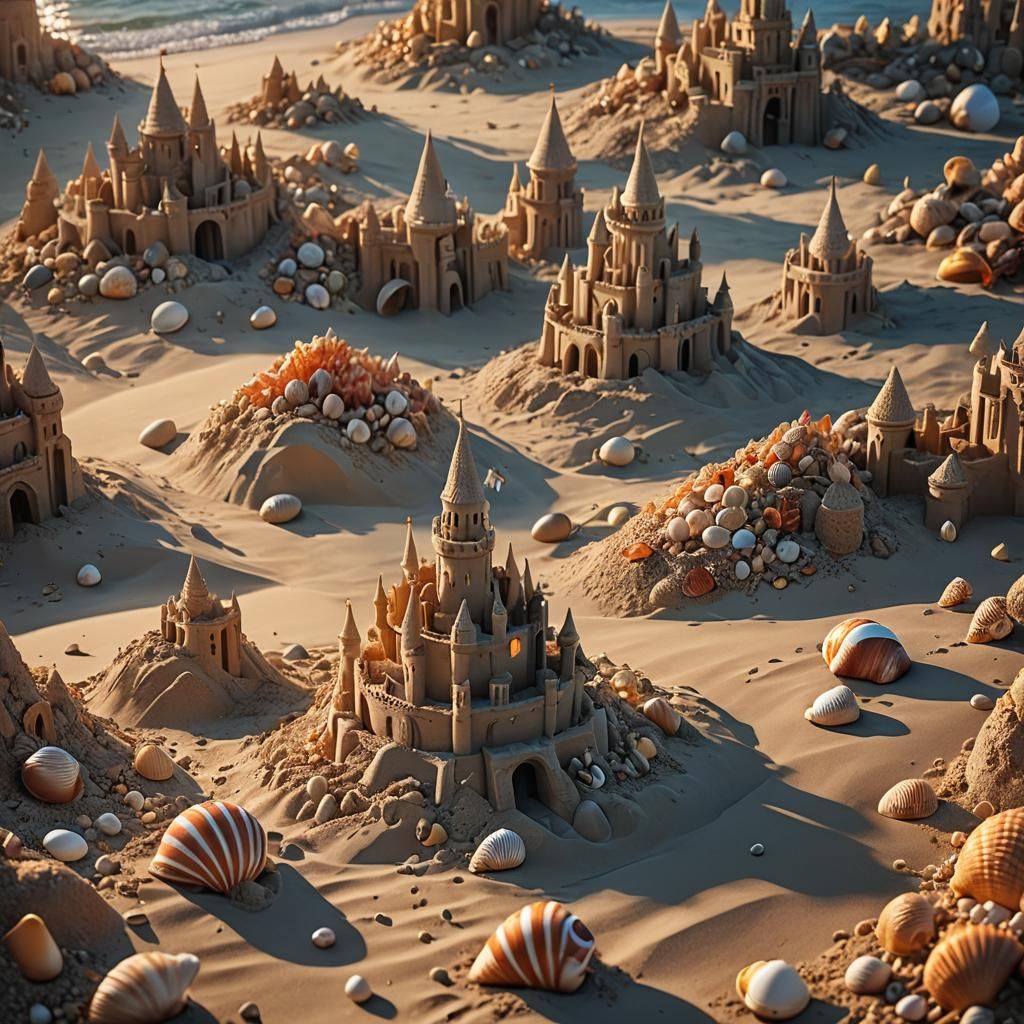 Seashell Sandcastle at Sunset: Fantasy Matte Painting
