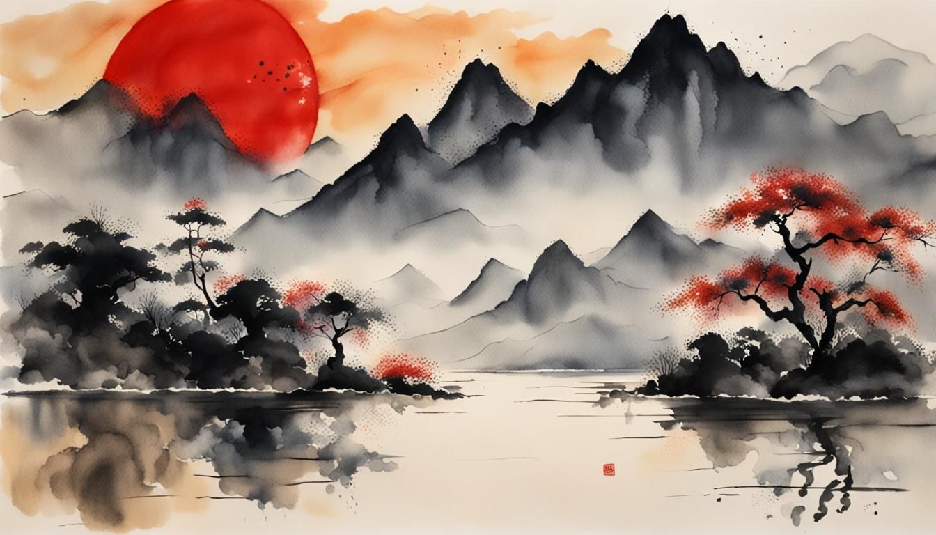 Karakoram Mountains in Chinese Ink Painting Style