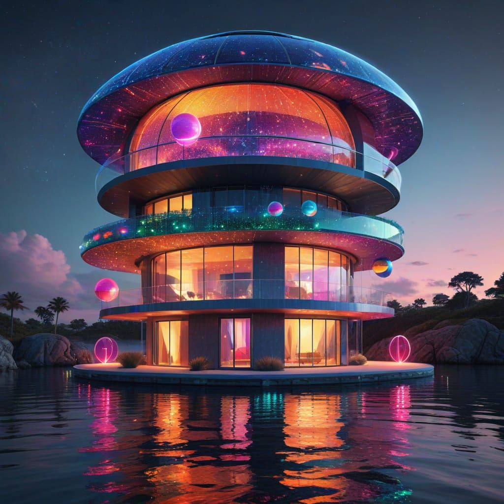 Futuristic Levitating House on Crystal Clear Water
