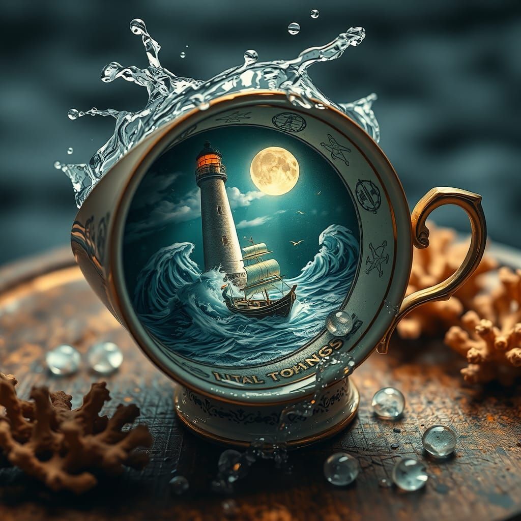 Lighthouse in Teacup: Fantasy Art with Nautical Symbols