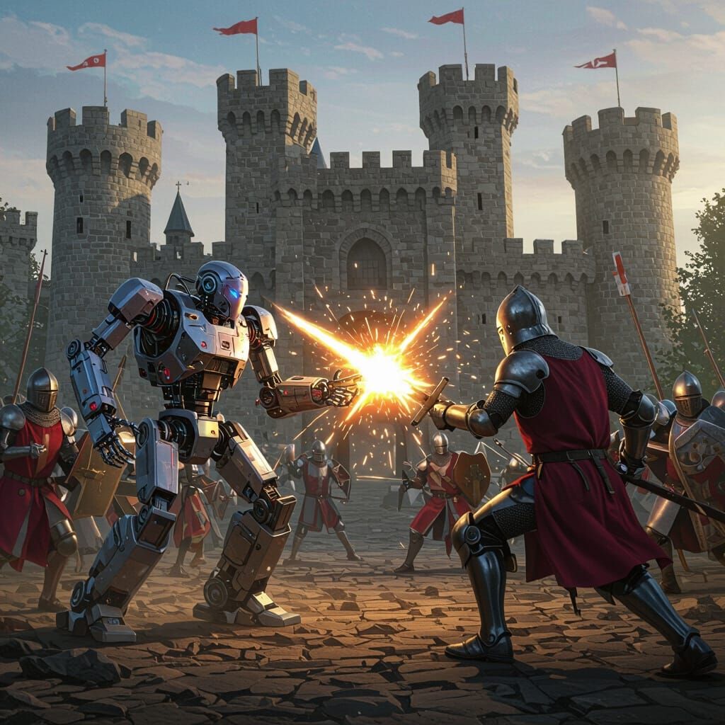Robots Battle Knights Before Castle