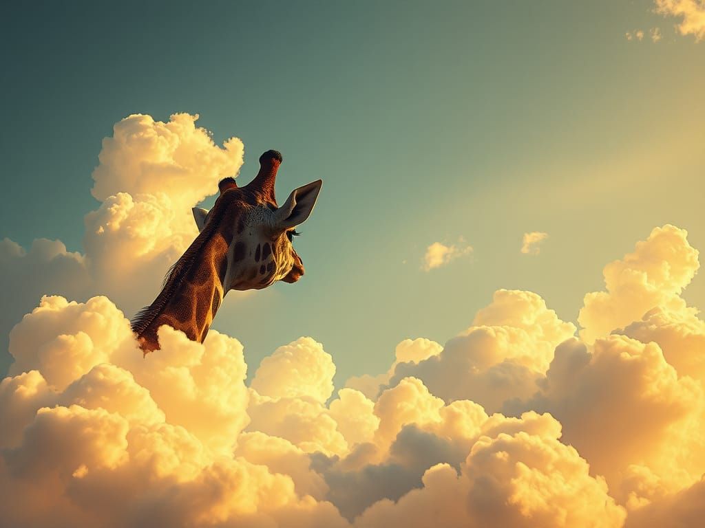 Giraffe Emerges from Luminous Clouds in Dark Fantasy