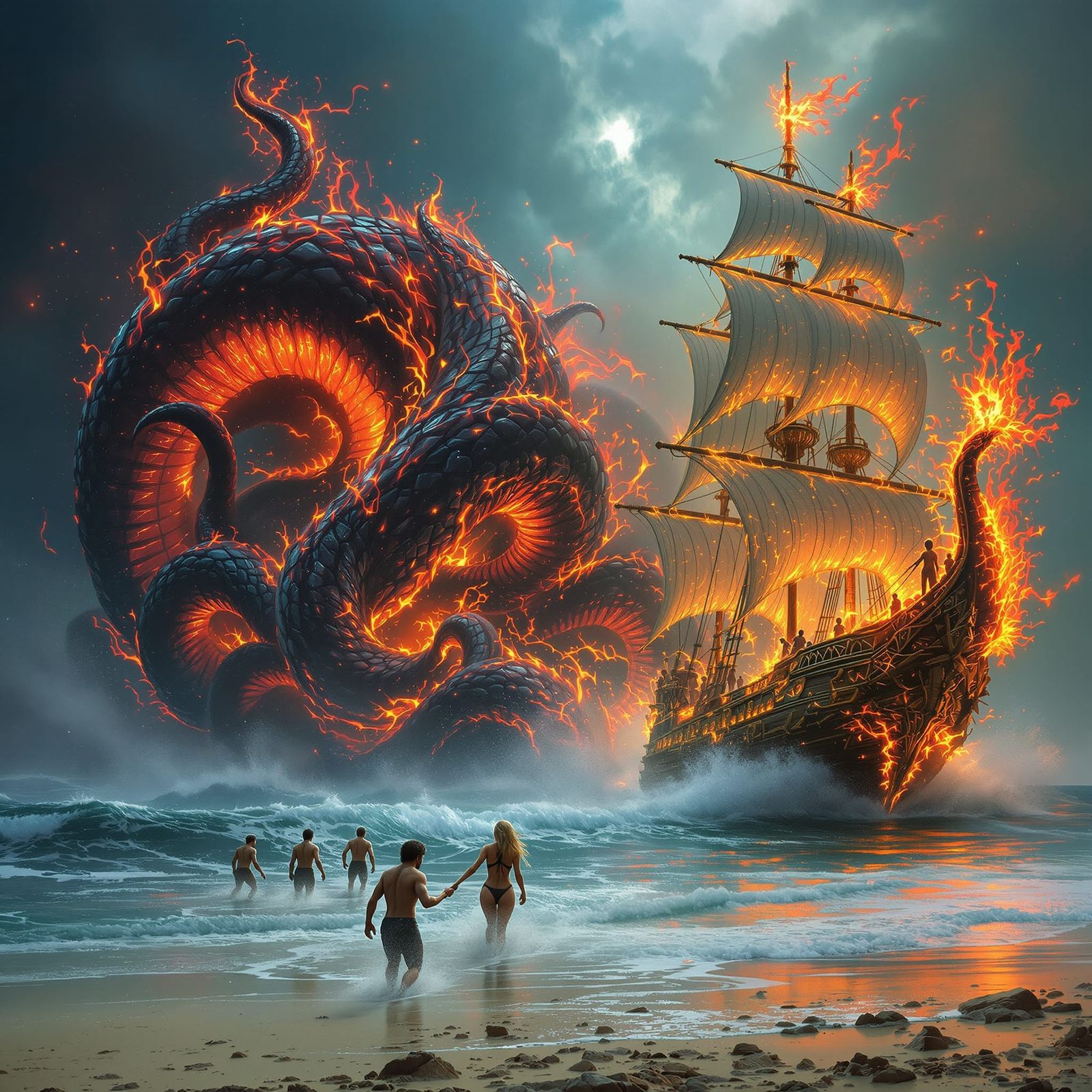 Giant Kraken Pulled from Red Sea by Fiery Elemental Empress