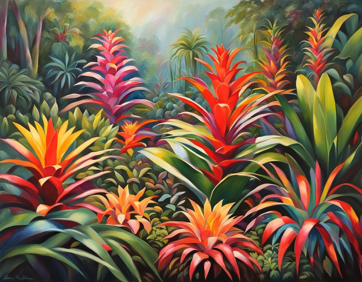 Vibrant Bromeliad Garden in Oil Painting Style