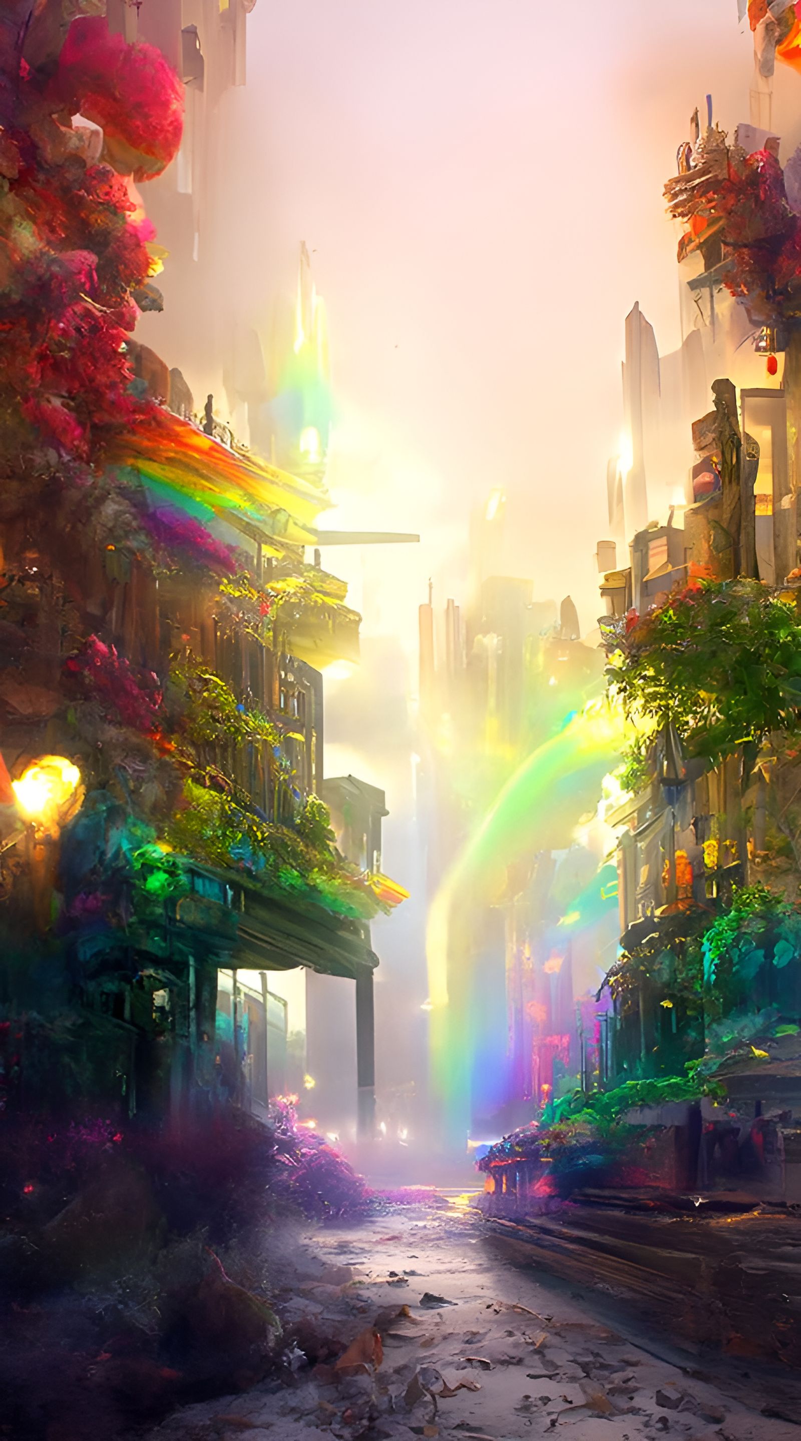 Rainbow Mist Cityscape in Cyberpunk Style