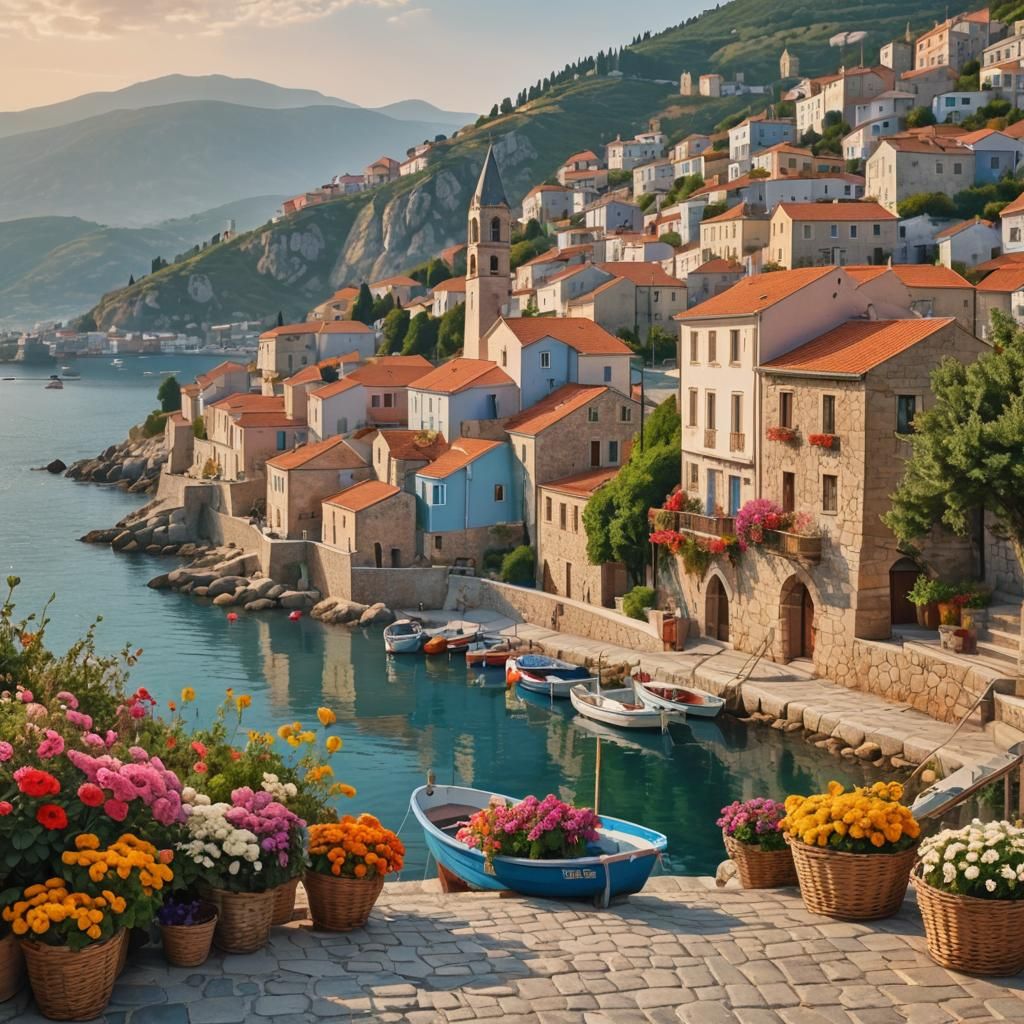 Mediterranean Coastal Town in Van Gogh Style