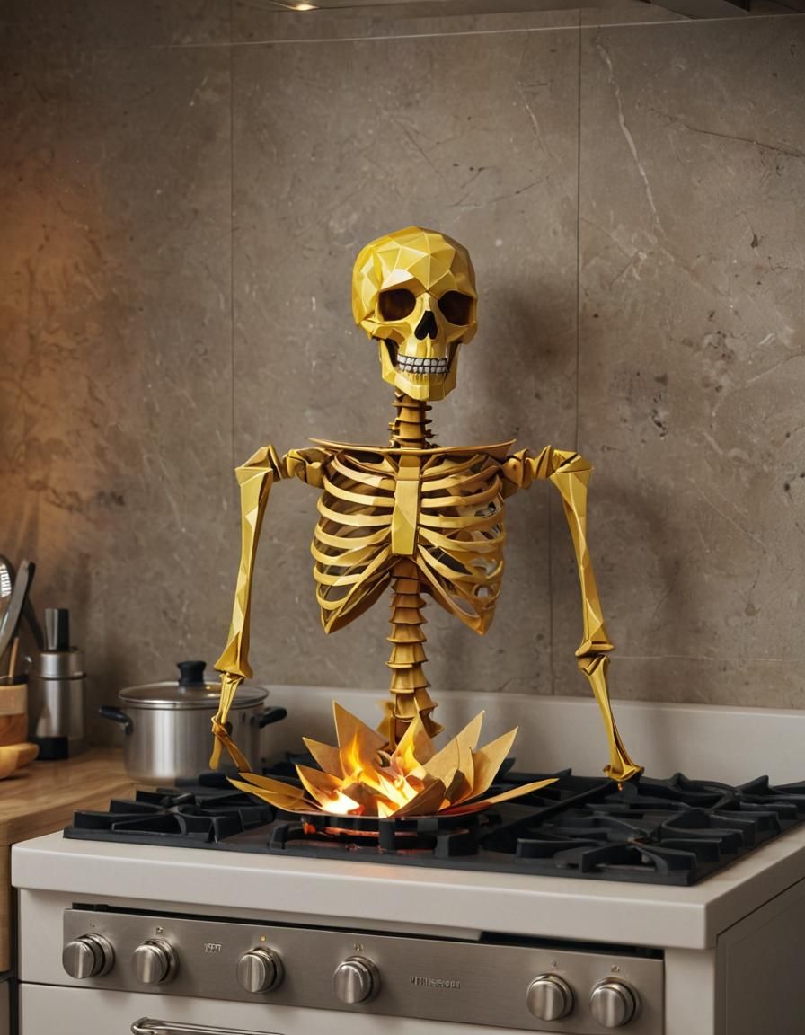 Origami Skeleton Lights Stove: Vibrant Digital Art