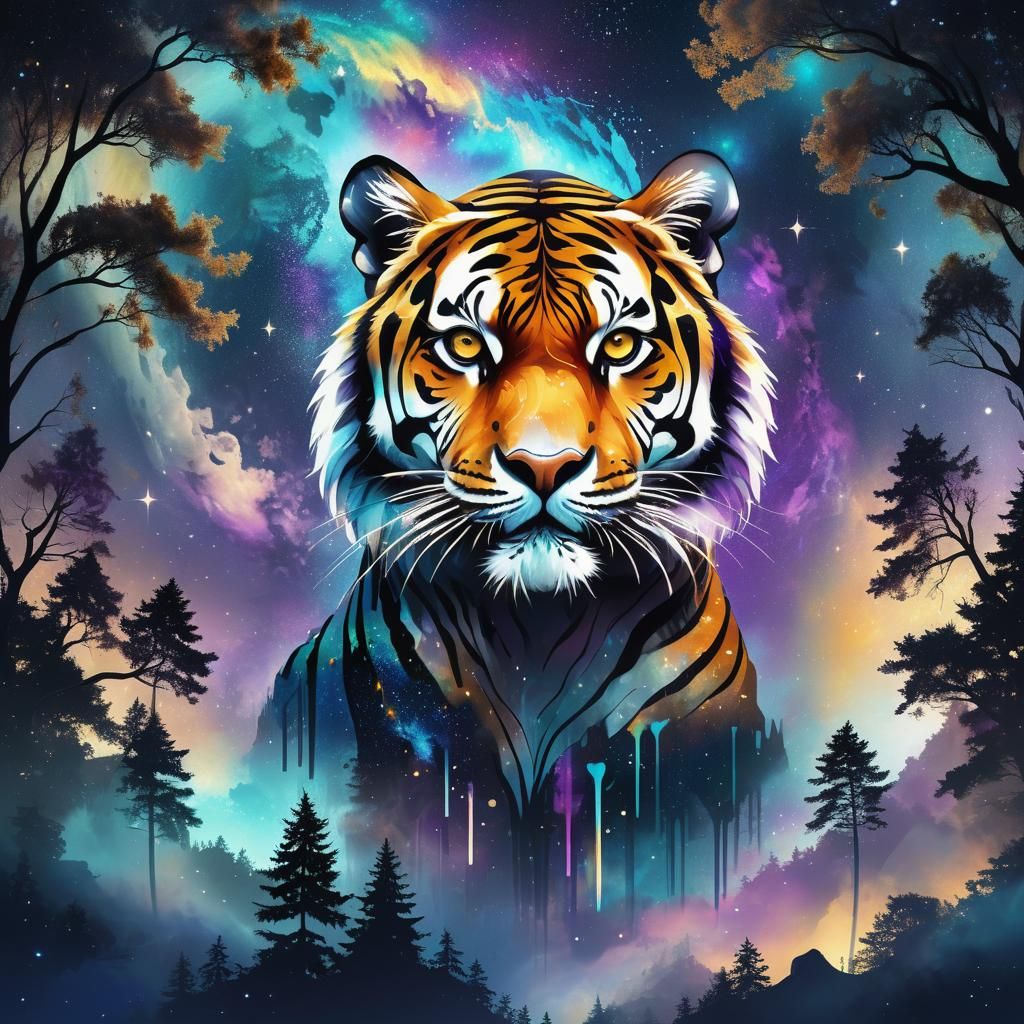 Majestic Tiger Silhouette in Swirling Galaxy
